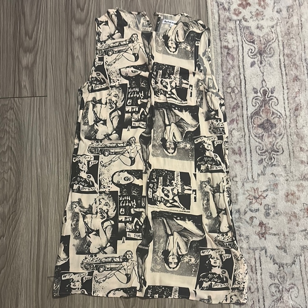 Reformation Black and Cream Graphic Mini Dress